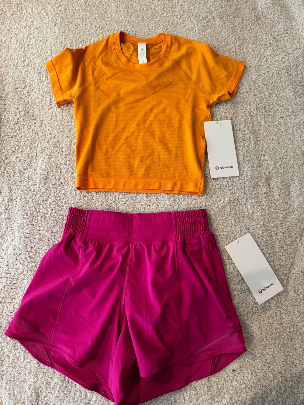 lululemon athletica Orange Crop Tee & Fuchsia Athletic Shorts